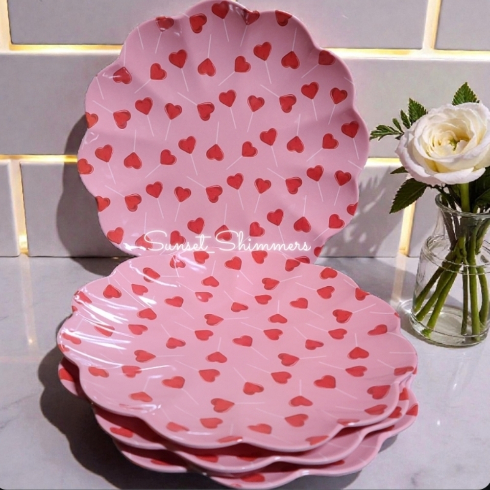 4pc Hearts Of Love Lollipop Indoor Outdoor Scalloped Melamine Dinner Plate Set